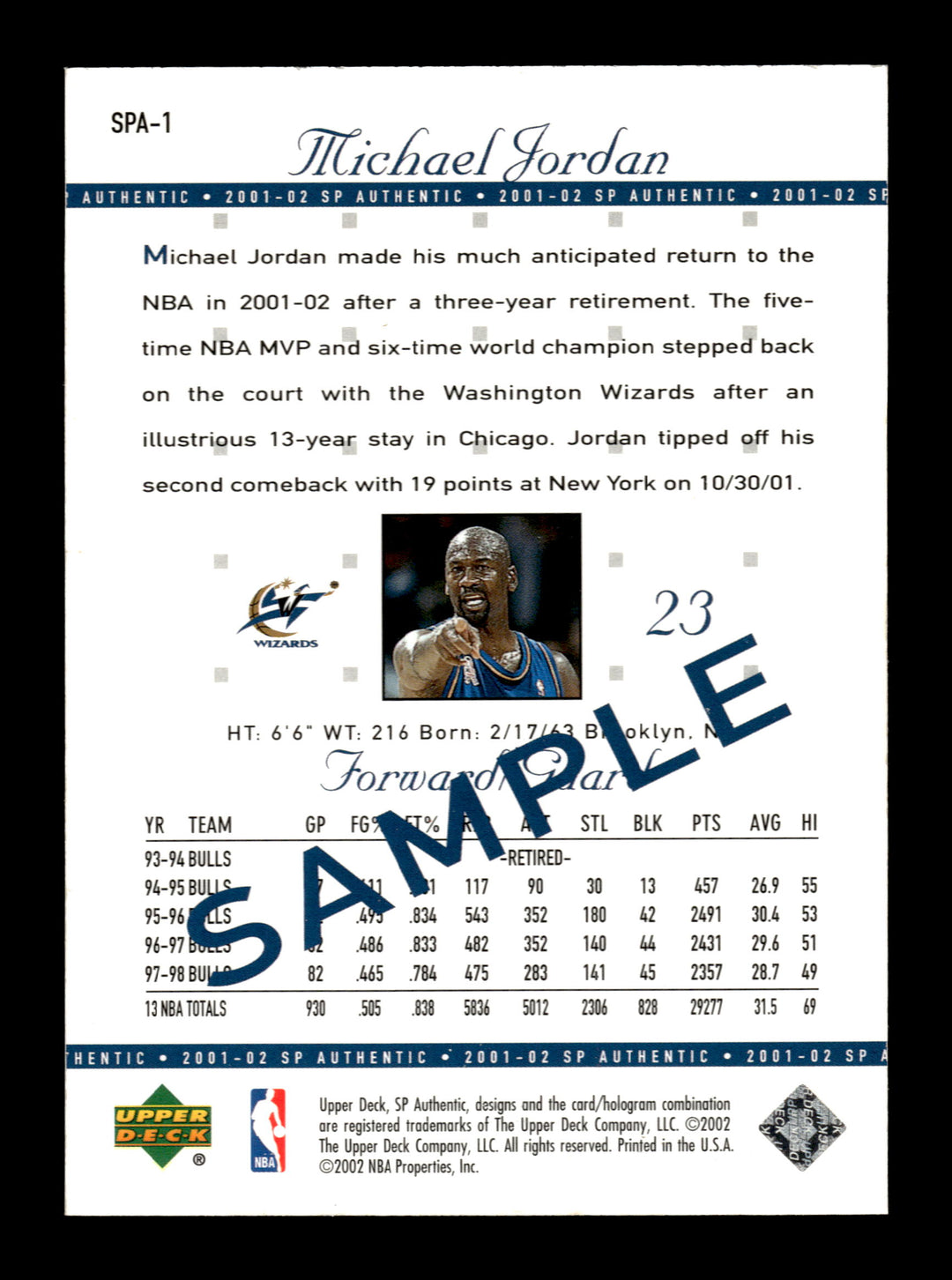 2001-02 SP Authentic #SPA-1 Michael Jordan SAMPLE