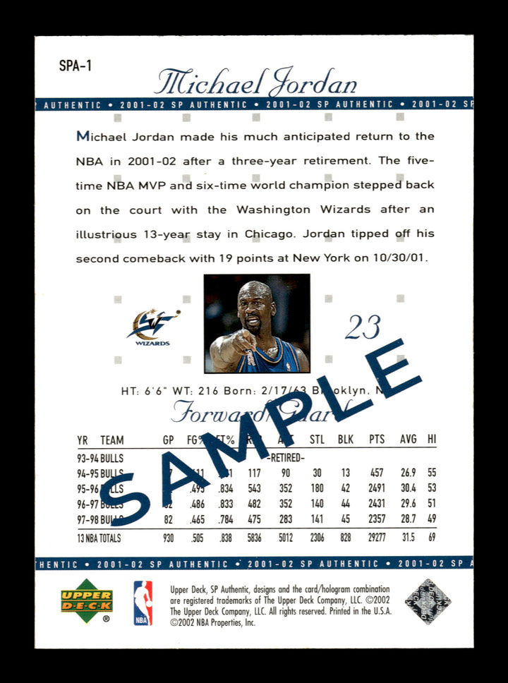 2001-02 SP Authentic #SPA-1 Michael Jordan SAMPLE