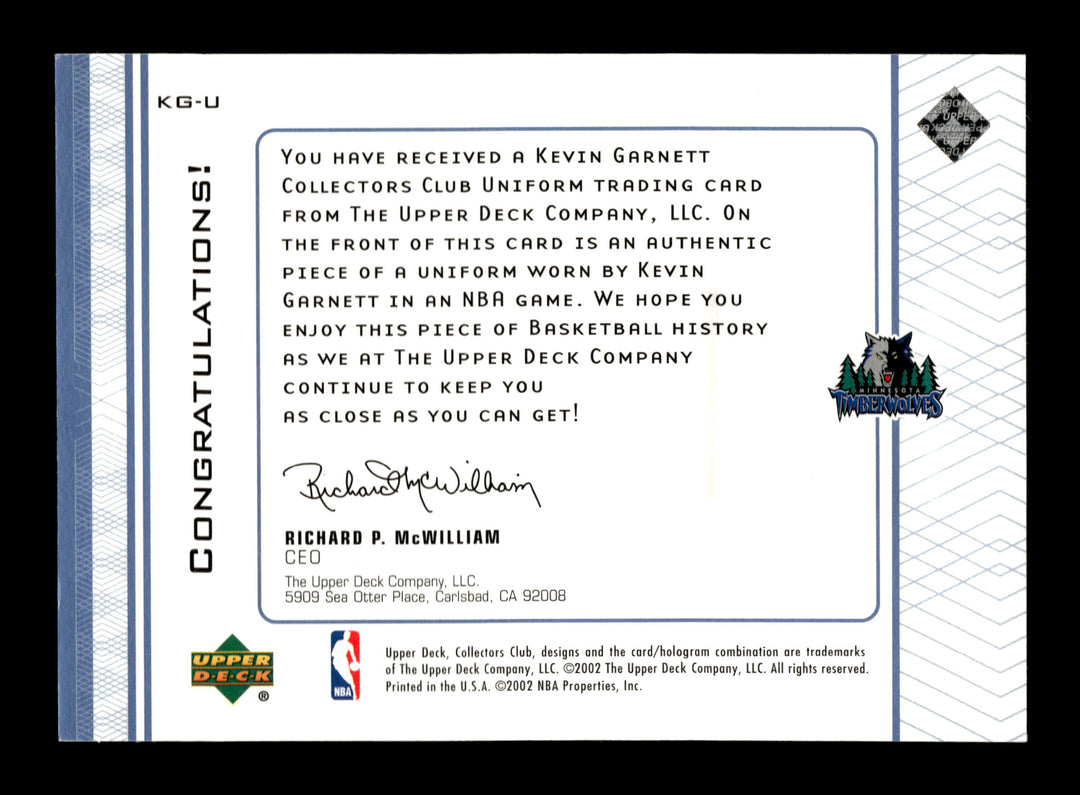 2001-02 Upper Deck Club Exclusive #KG-U Kevin Garnett PATCH