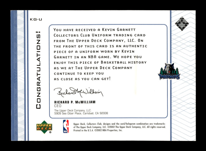 2001-02 Upper Deck Club Exclusive #KG-U Kevin Garnett PATCH