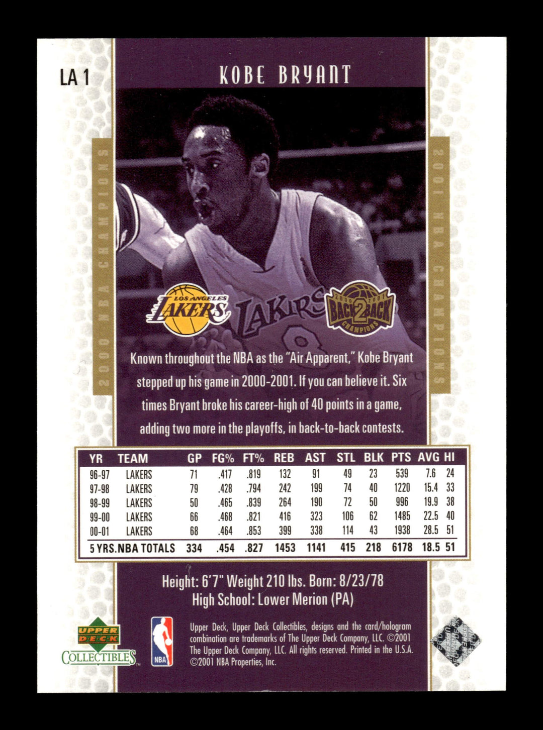 2001 Upper Deck Los Angeles Lakers Back2Back Champions #LA1 Kobe Bryant