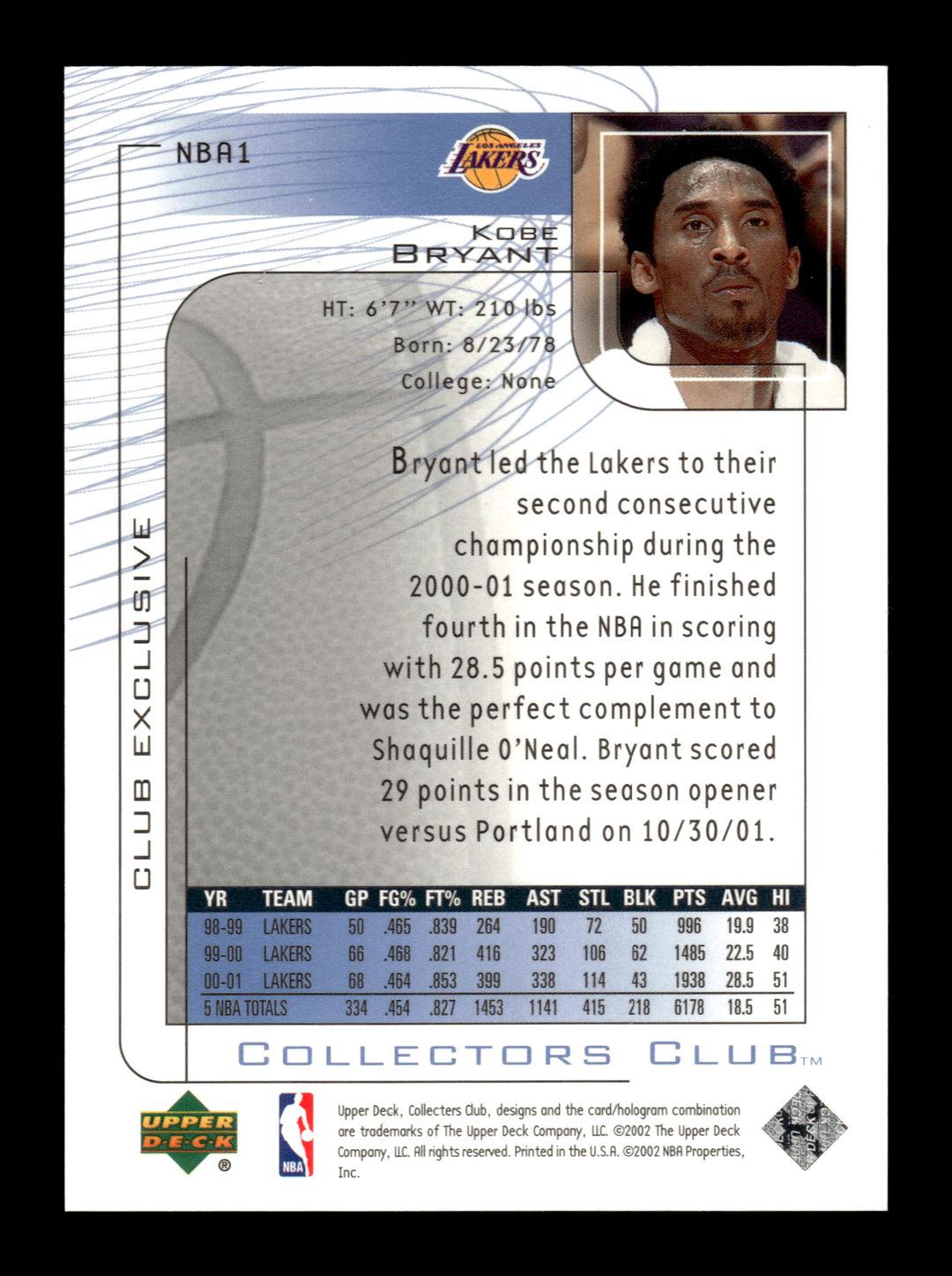 2001-02 Upper Deck Club Exclusive #NBA1 Kobe Bryant