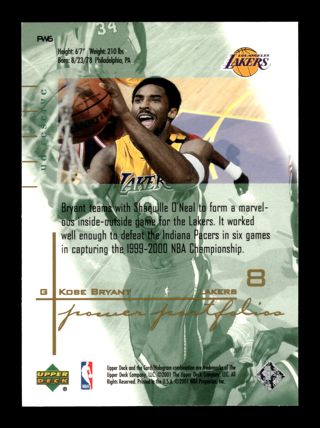 2000-01 UD Reserve #PW6 Kobe Bryant Power Portfolios
