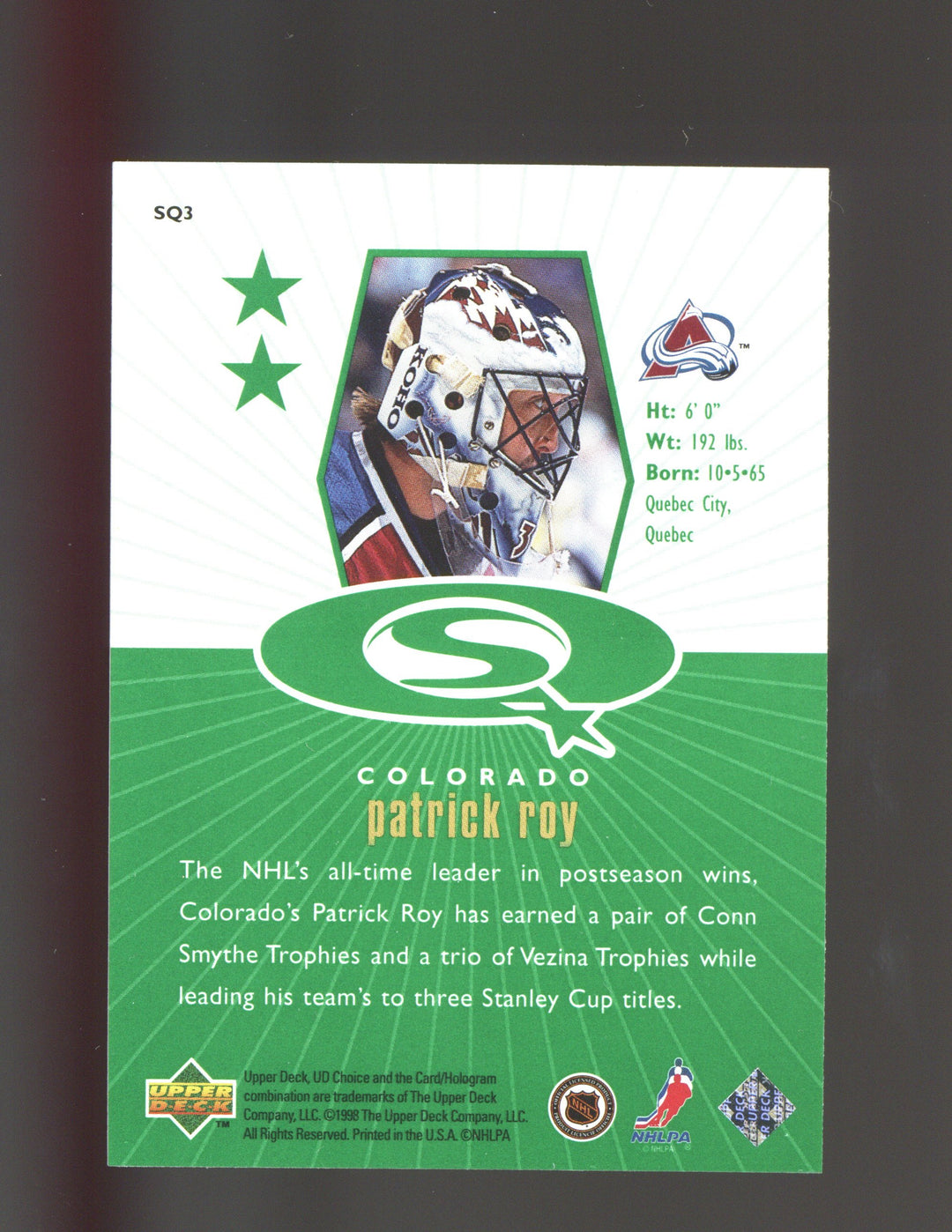 1998-99 UD Choice #SQ3 Patrick Roy StarQuest Green