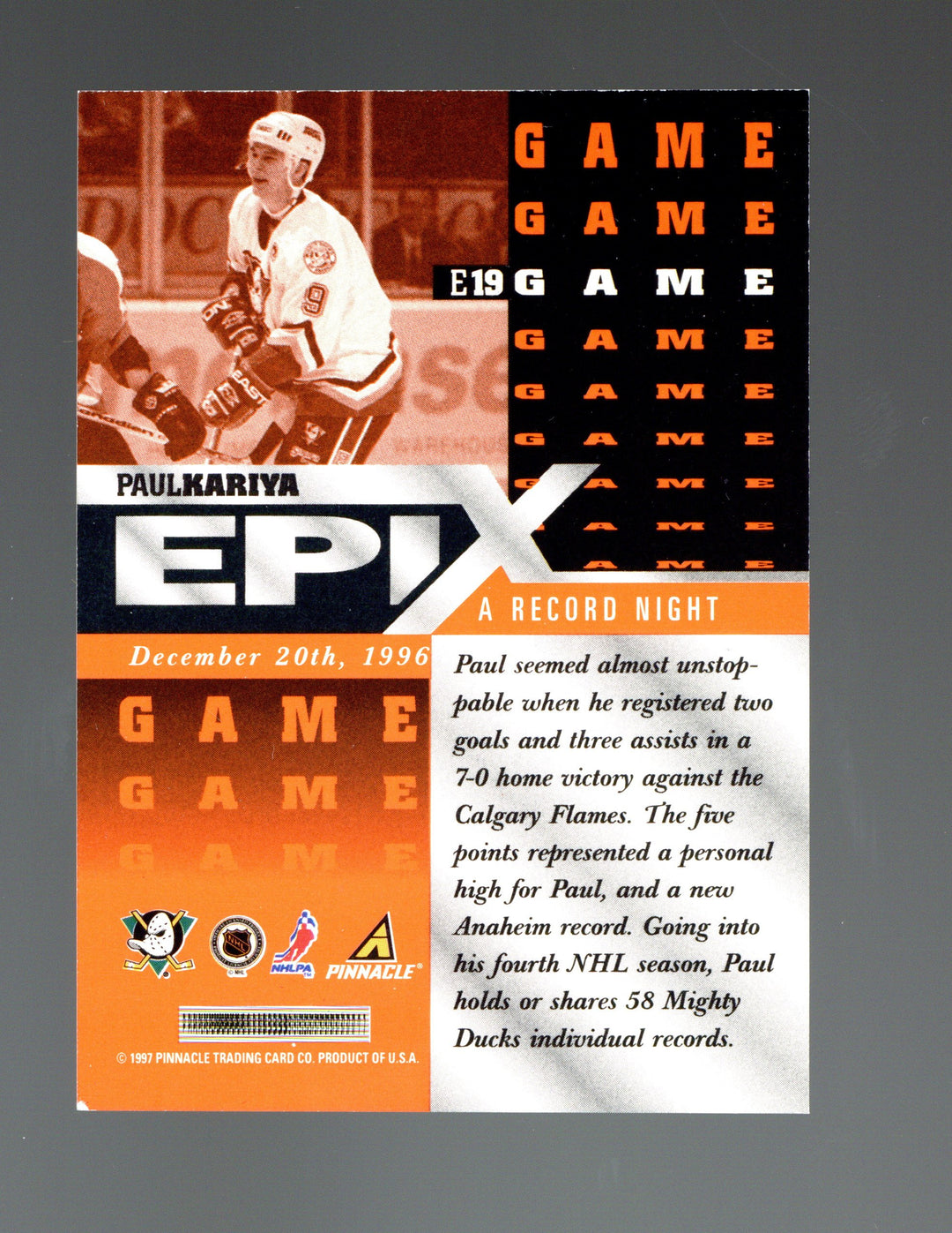 1997-98 Pinnacle - Epix Orange #E19 Paul Kariya