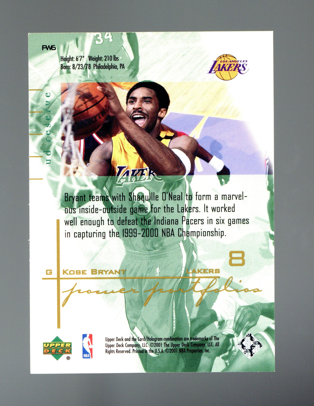 2000-01 UD Reserve #PW6 Kobe Bryant Power Portfolios