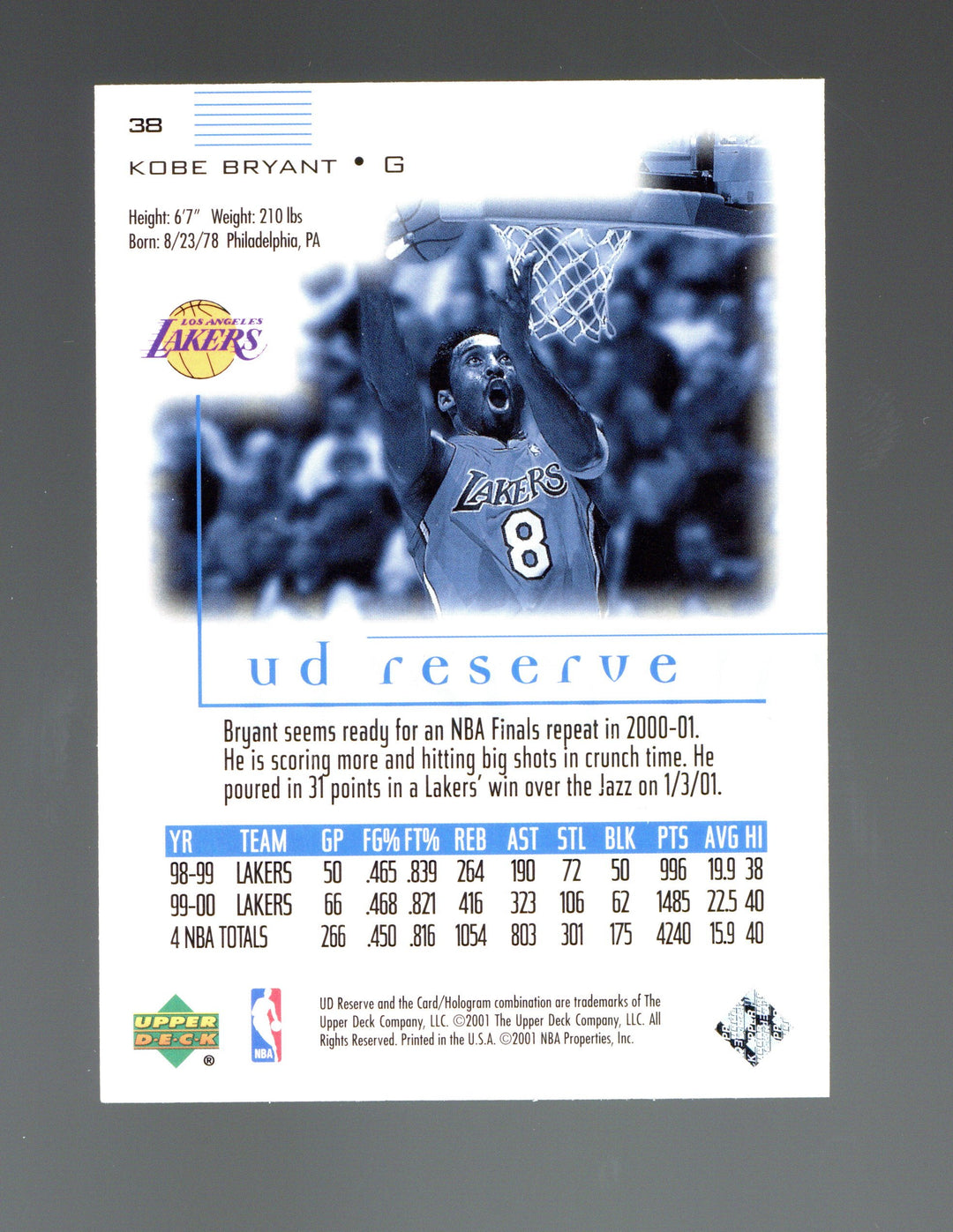 2000-01 UD Reserve #38 Kobe Bryant