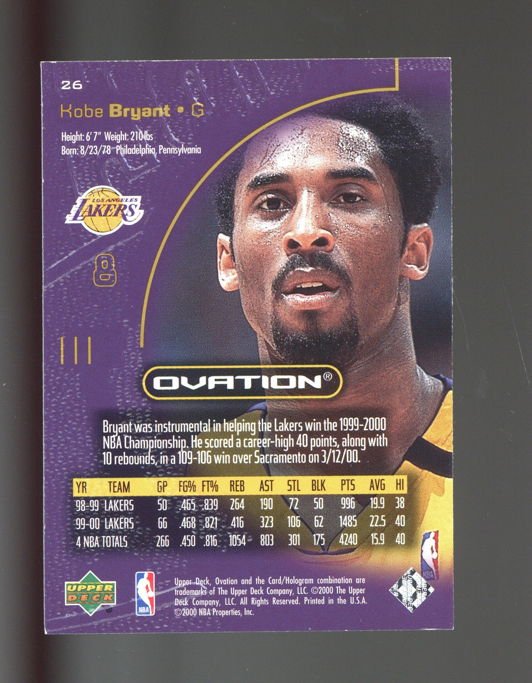 2000-01 Upper Deck Ovation #26 Kobe Bryant