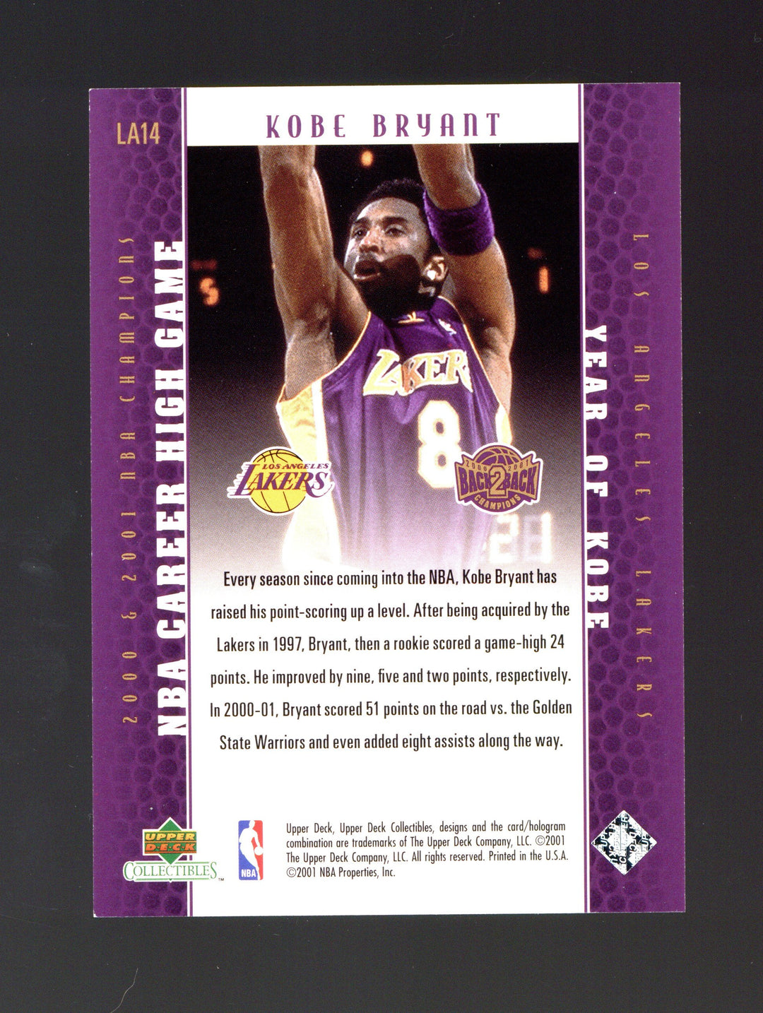 2001 Upper Deck Los Angeles Lakers Back2Back Champions #LA14 Kobe Bryant