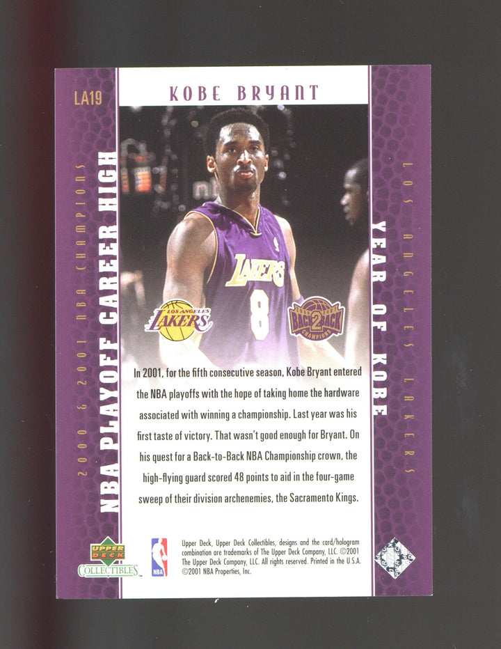 2001 Upper Deck Los Angeles Lakers Back2Back Champions #LA19 Kobe Bryant