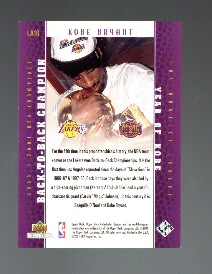 2001 Upper Deck Los Angeles Lakers Back2Back Champions #LA16 Kobe Bryant