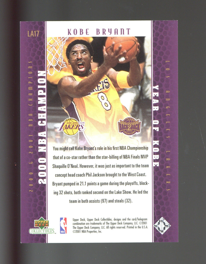 2001 Upper Deck Los Angeles Lakers Back2Back Champions #LA17 Kobe Bryant