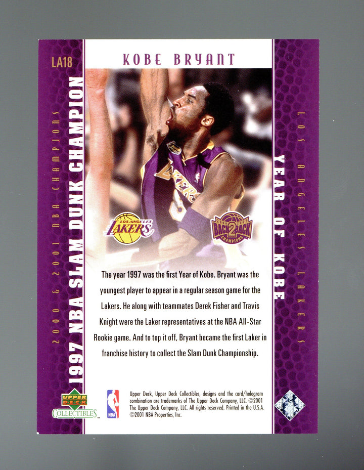 2001 Upper Deck Los Angeles Lakers Back2Back Champions #LA18 Kobe Bryant