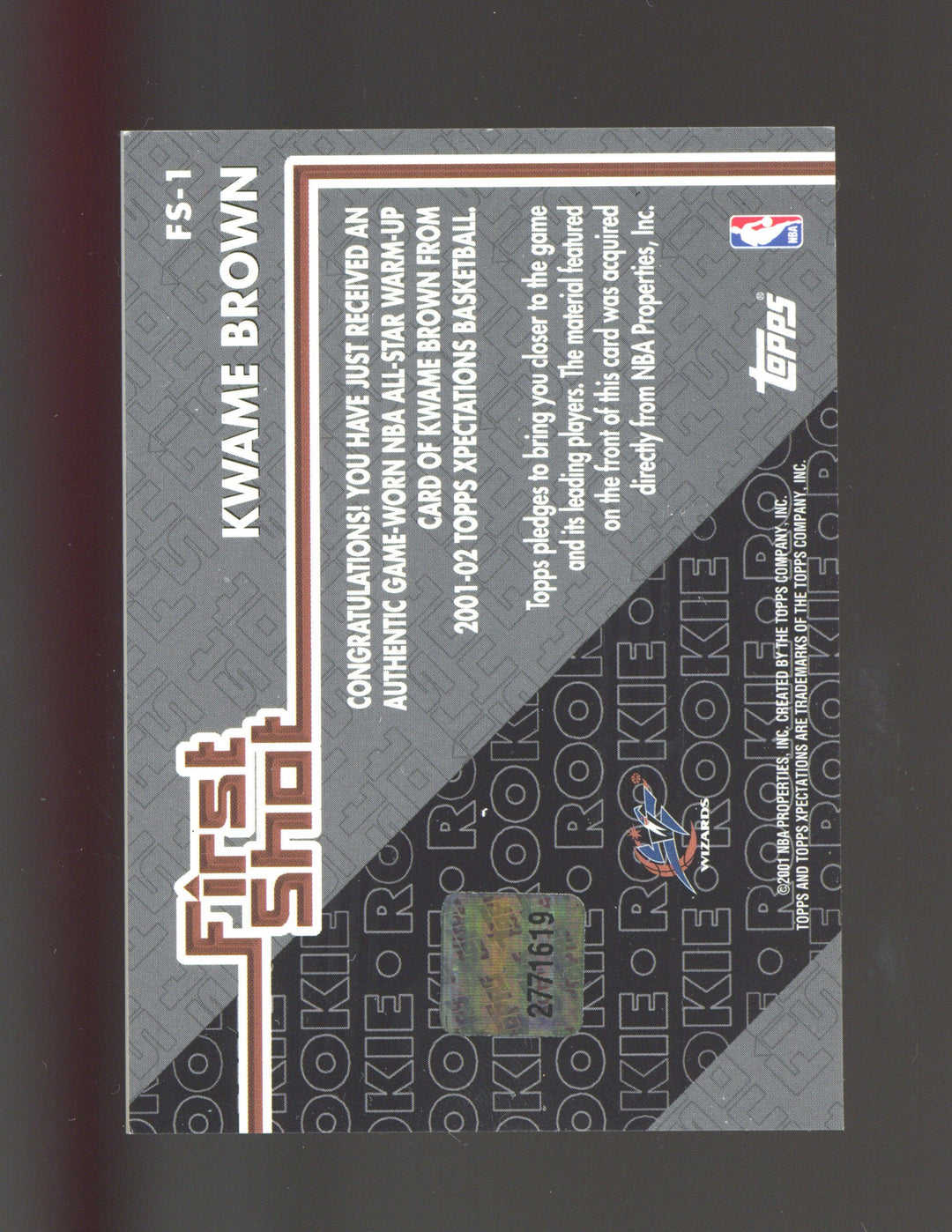 2001-02 Topps Xpectations #FS-1 Kwame Brown First Shot PATCH