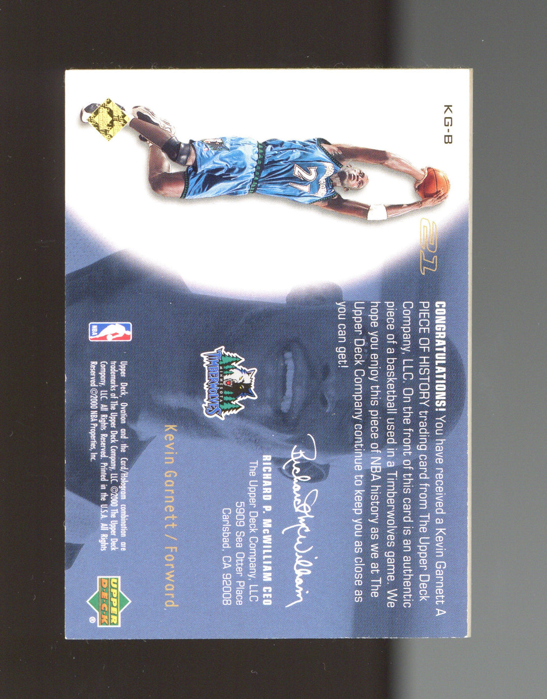 2000-01 Upper Deck Ovation #KG-B Kevin Garnett A Piece of History