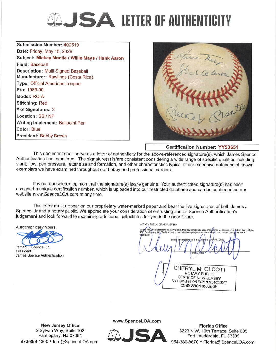 Mantle Aaron Mays Yankees Braves Giants Autographed Signed OAL Baseball JSA LOA