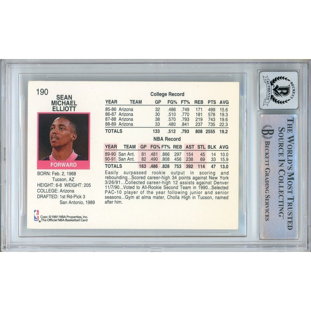 Basketballs- Autographed- Sean Elliott San Antonio Spurs Signed 1991-92 NBA Hoops Trading Card Beckett Authentic BGS Auto-10 Graded Slab Back
