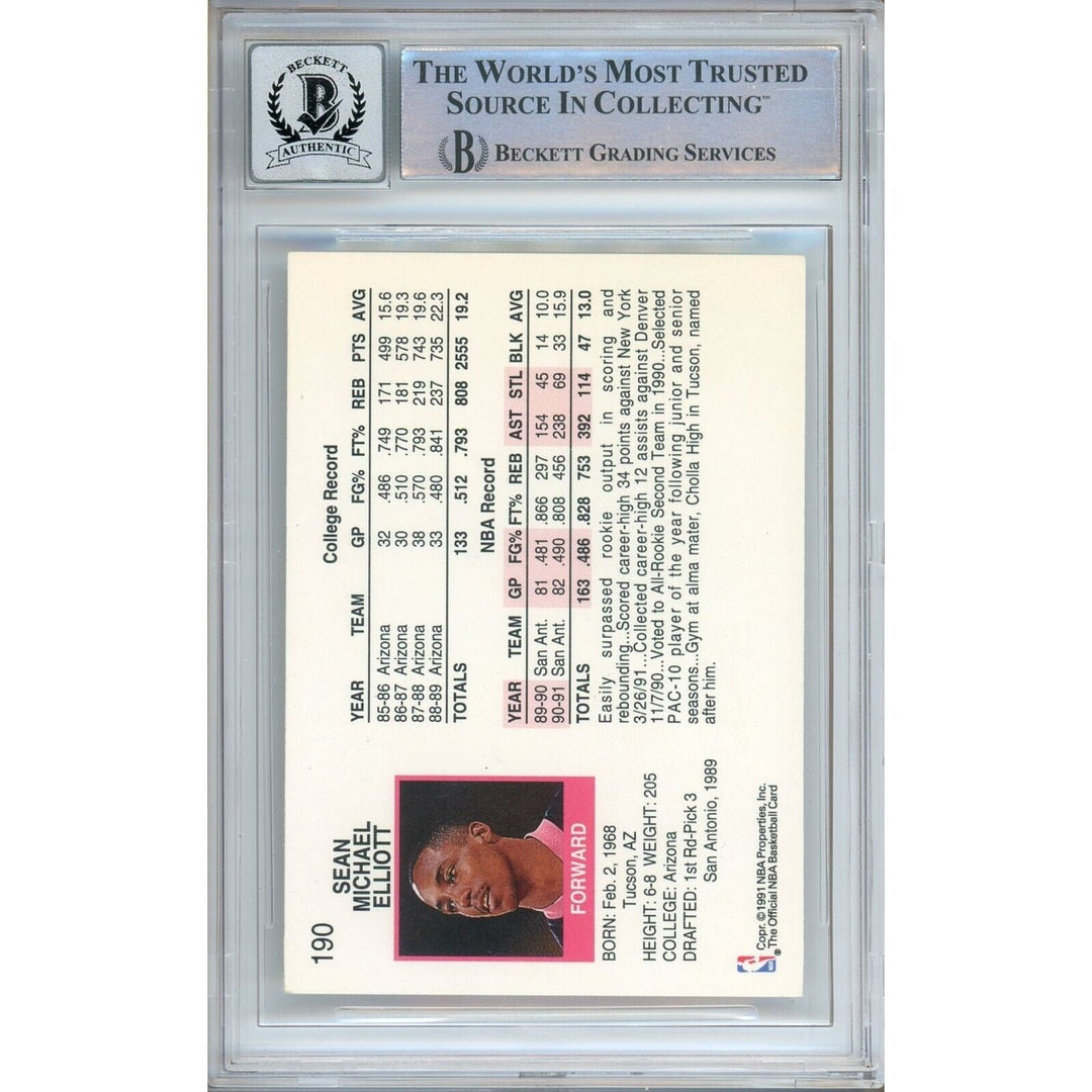 Basketballs- Autographed- Sean Elliott San Antonio Spurs Signed 1991-92 NBA Hoops Trading Card Beckett Authenticated BGS Auto-10 Graded Slab Back