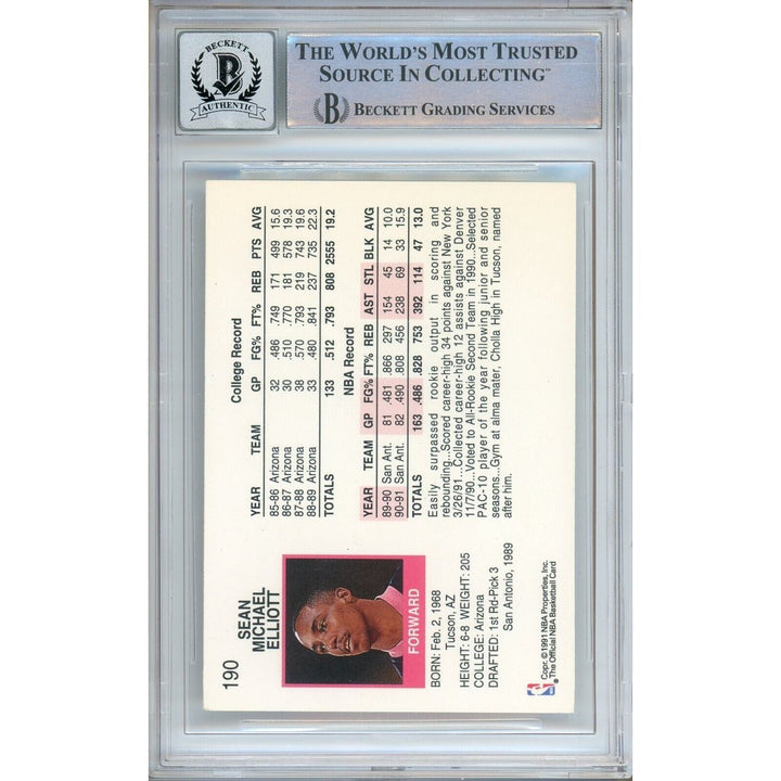 Basketballs- Autographed- Sean Elliott San Antonio Spurs Signed 1991-92 NBA Hoops Trading Card Beckett Authenticated BGS Auto-10 Graded Slab Back