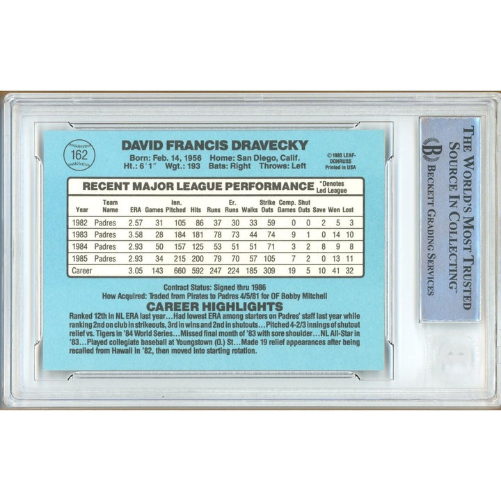 Dave Dravecky San Diego Padres Signed 1986 Donruss Baseball Card BAS Auth Auto Slab