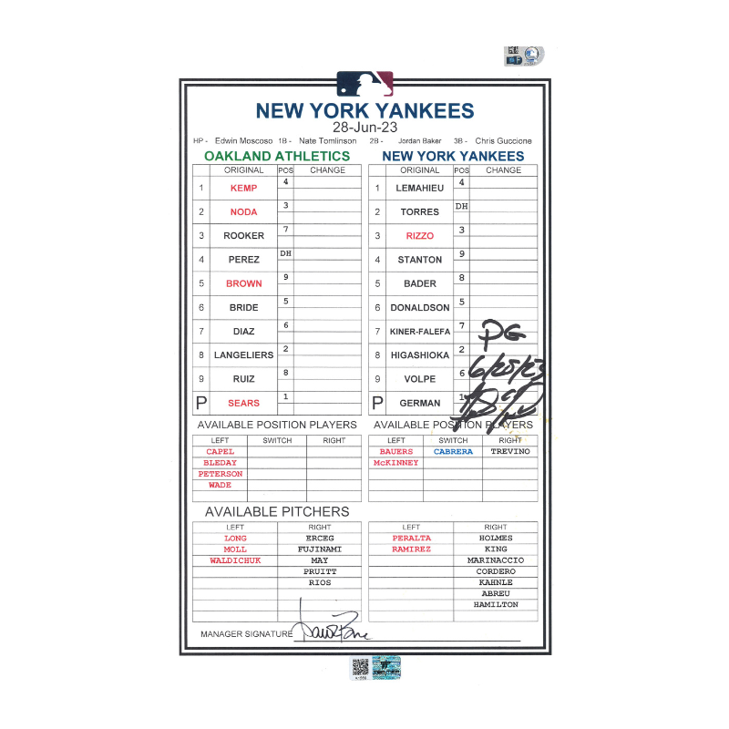 Domingo German New York Yankees Autographed Signed Inscribed "PG 6/28/23" Copy of 6/28/23 Lineup Card (Top Tier Auth)