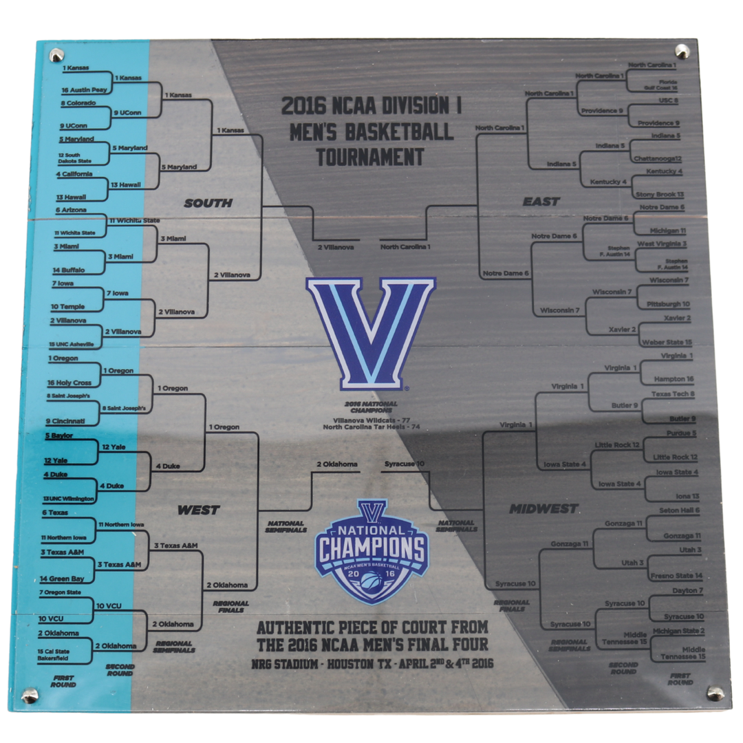 Villanova University Authentic 12"x12" Piece of 2016 Men's Final Four Basketball Court with National Championship Tournament Bracket