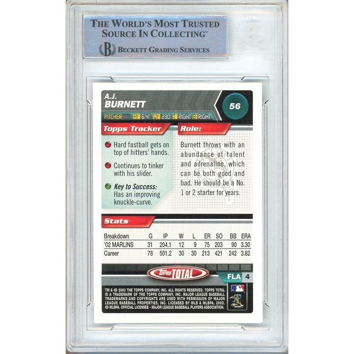 AJ Burnett Miami Marlins Signed 2003 Topps Total Card #56 BAS Auth Auto Slab