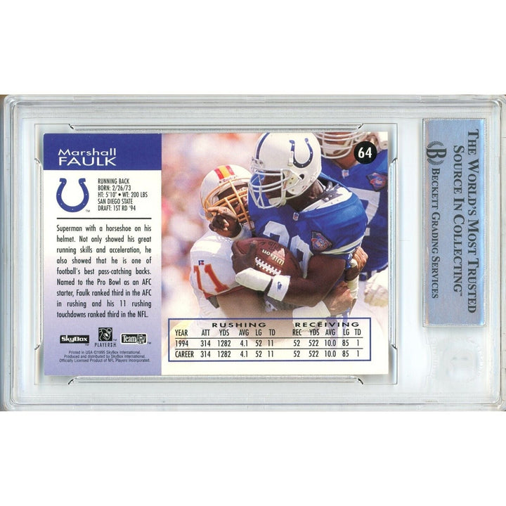 Marshall Faulk Indianapolis Colts Signed 1995 Skybox Impact NFL Card BAS Auth Auto Slab