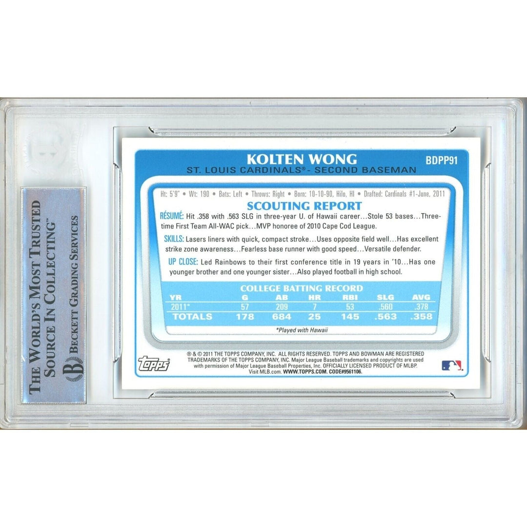 Kolten Wong St Louis Cardinals Signed 2011 Bowman Draft Prospects Card Beckett Auth Auto