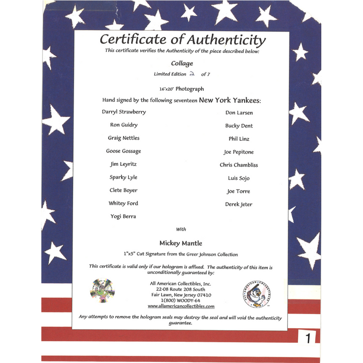 Mantle Jeter Yankees Autographed Signed 16x20 17 Autos MLB/All American LOA