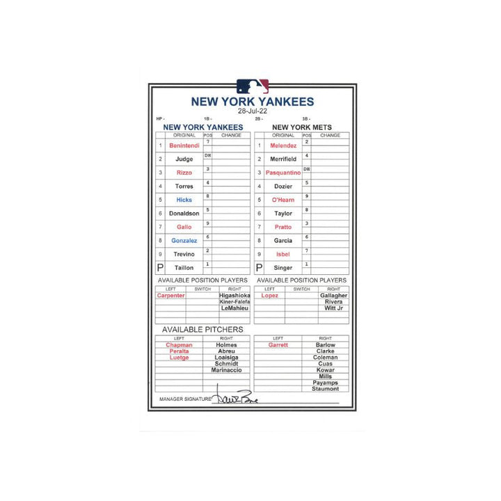 Aaron Boone New York Yankees Autographed July 28, 2022 Pregame Manager Lineup Card vs. Kansas City Royals (Typo on Card: Typed Mets) (Boone LOA)