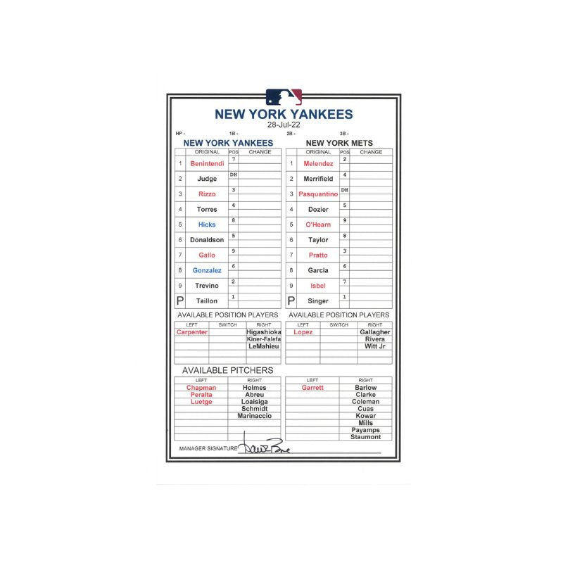 Aaron Boone New York Yankees Autographed July 28, 2022 Pregame Manager Lineup Card vs. Kansas City Royals (Typo on Card: Typed Mets) (Boone LOA)