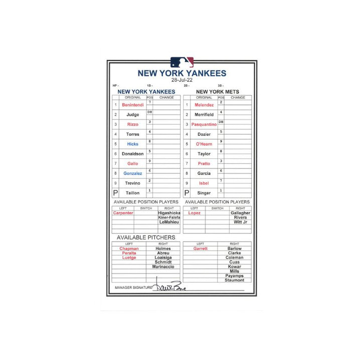 Aaron Boone New York Yankees Autographed July 28, 2022 Pregame Manager Lineup Card vs. Kansas City Royals (Typo on Card: Typed Mets) (Boone LOA)