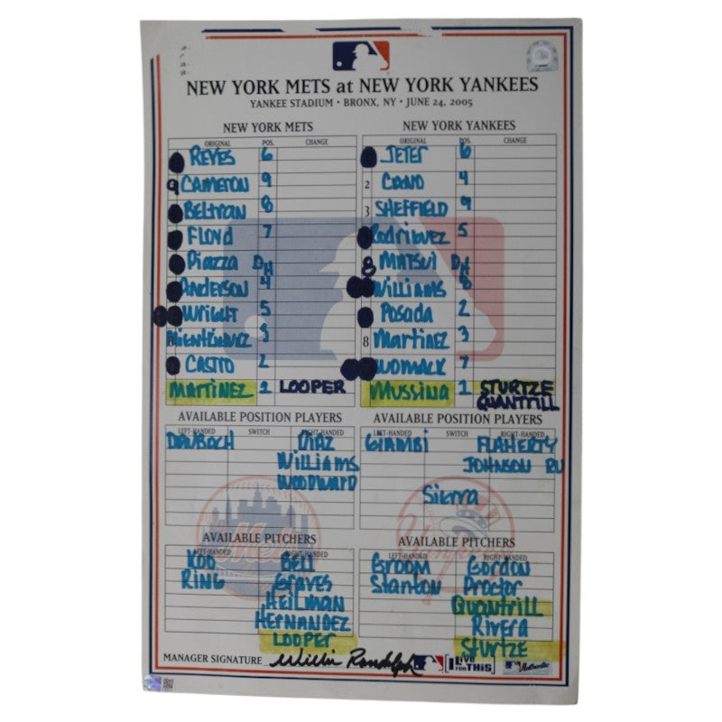 Willie Randolph Yankees Mets Autographed Game Used Lineup Card 6/24/05  MLB Auth Randolph CX LOA