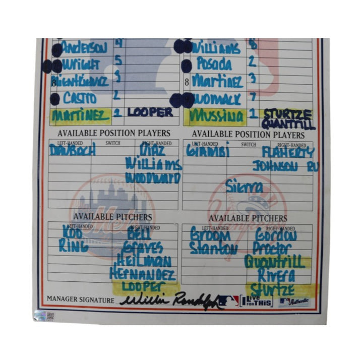 Willie Randolph Yankees Mets Autographed Game Used Lineup Card 6/24/05 MLB Auth/Randolph CX LOA
