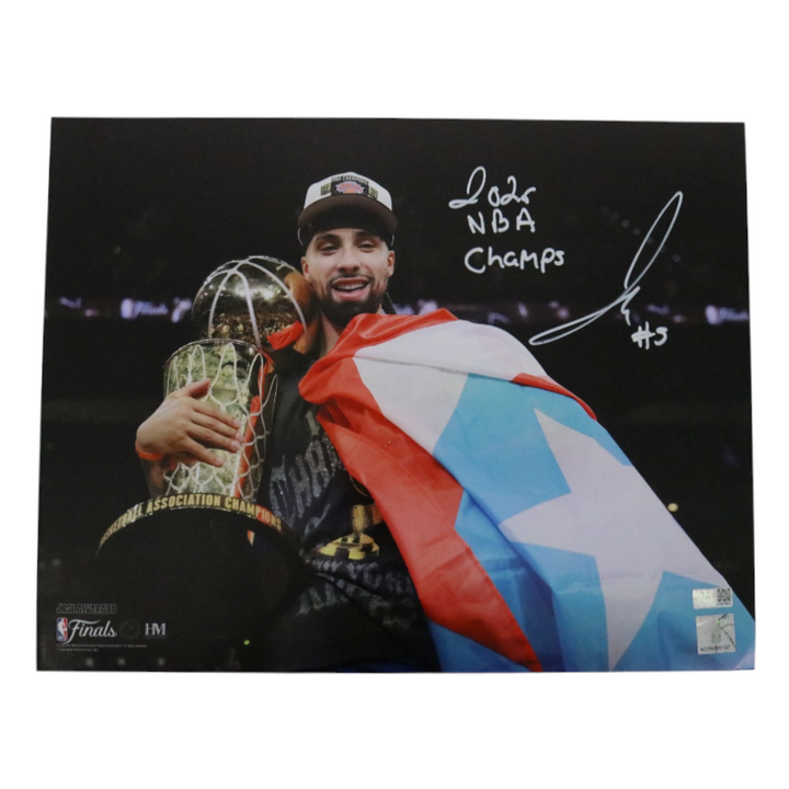 Jose Alvarado New York Knicks Autographed Inscribed 11x14 Photograph with Trophy and Flag CX Auth