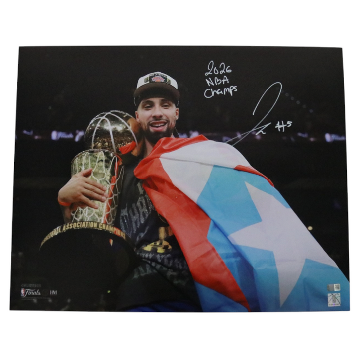 Jose Alvarado New York Knicks Autographed Inscribed 16x20 Photograph with Trophy and Flag CX Auth