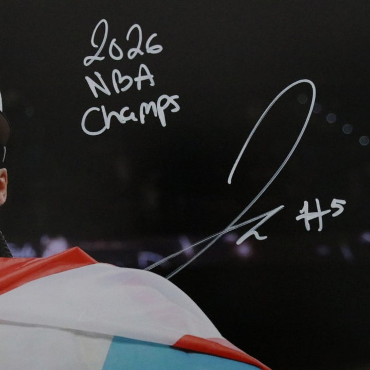 Jose Alvarado New York Knicks Autographed Inscribed 16x20 Photograph with Trophy and Flag CX Auth