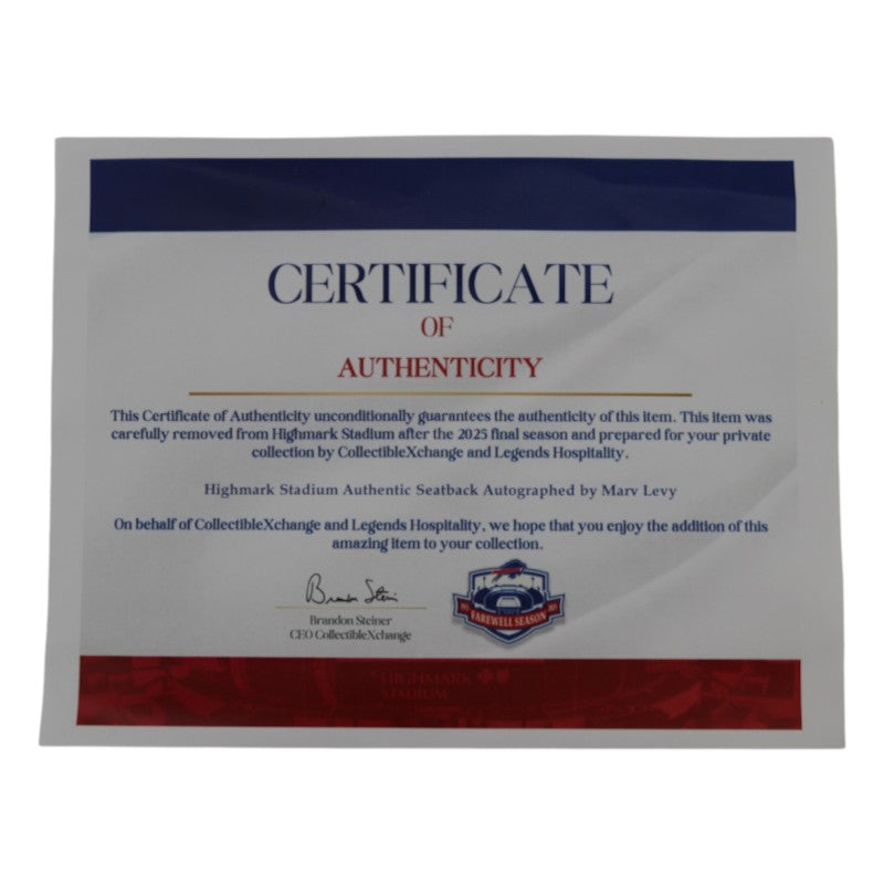 Marv Levy Autographed Inscribed Buffalo Bills Highmark Stadium Authentic Seatback Bills CX LOA