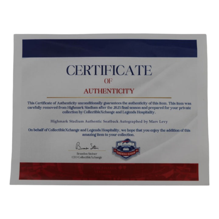Marv Levy Autographed Inscribed Buffalo Bills Highmark Stadium Authentic Seatback Bills CX LOA