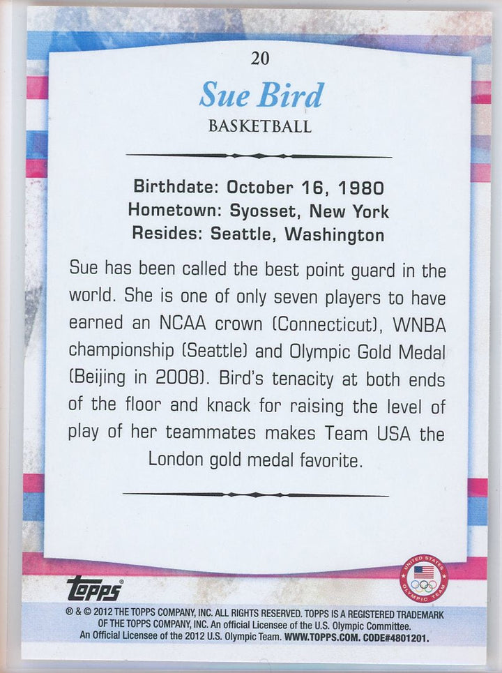 2012 Topps U.S. Olympic Team Sue Bird Card Signed Sticker Auto