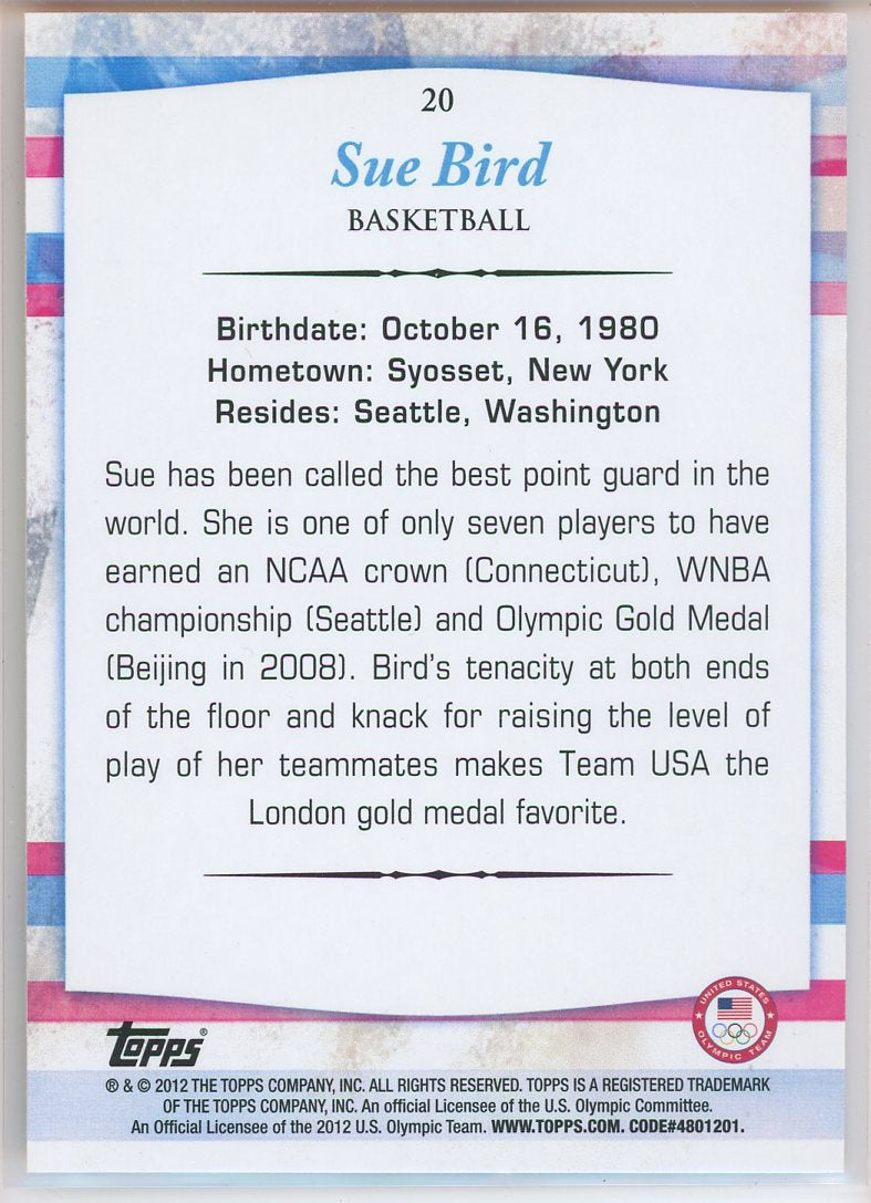 2012 Topps U.S. Olympic Team Sue Bird Card Signed Sticker Auto Slightly Damaged