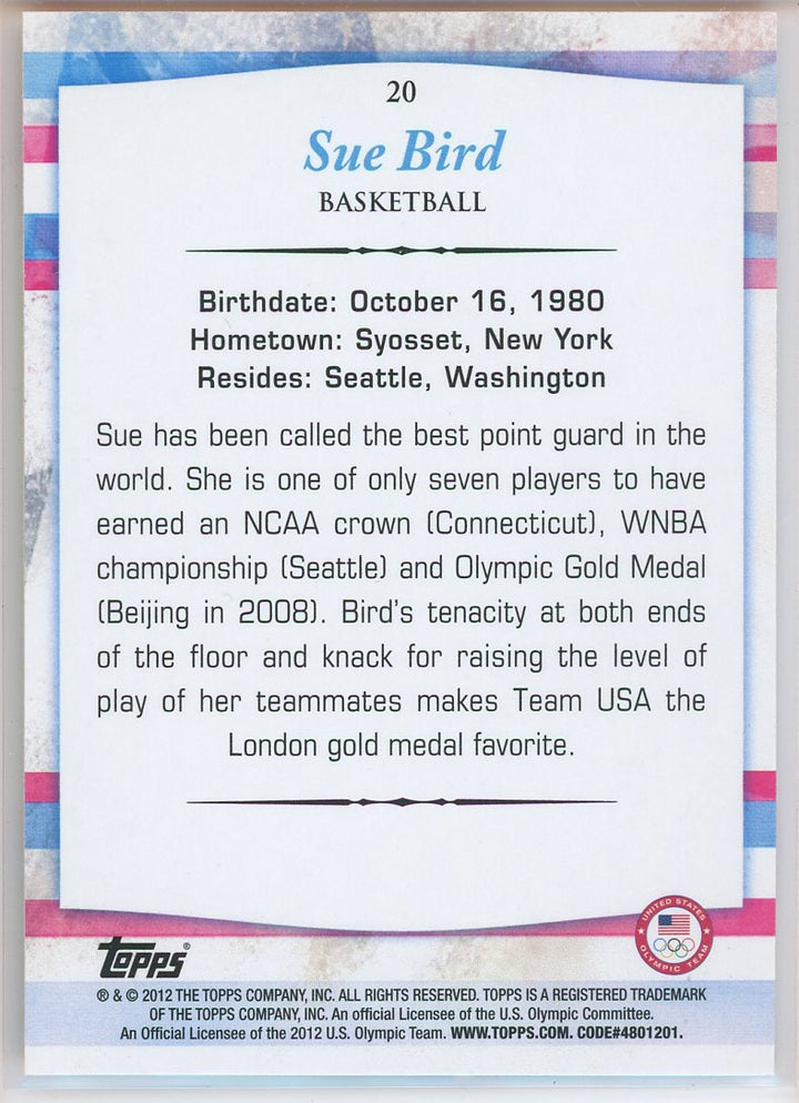 2012 Topps U.S. Olympic Team Sue Bird Card Signed Sticker Auto Slightly Damaged