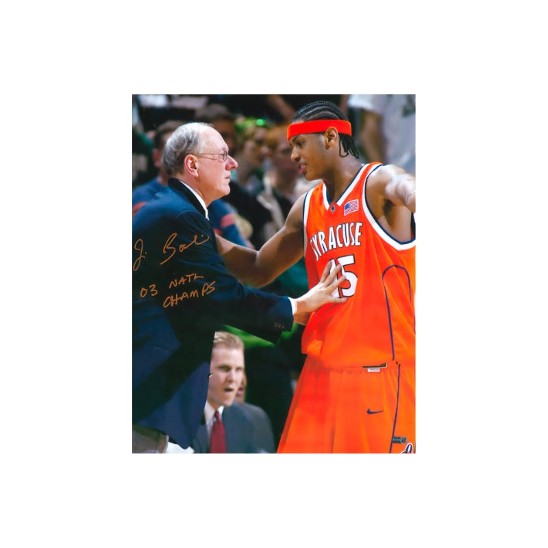 Jim Boeheim Syracuse University Autographed Signed Inscribed "03 Natl Champs" Carmelo Anthony 16x20 Photograph (CX Auth)
