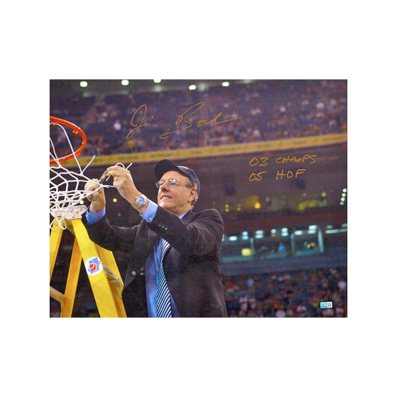 Jim Boeheim Syracuse University Autographed Signed Inscribed "03 Champs, 05 HOF" Cutting the Net 16x20 Photograph (CX Auth)