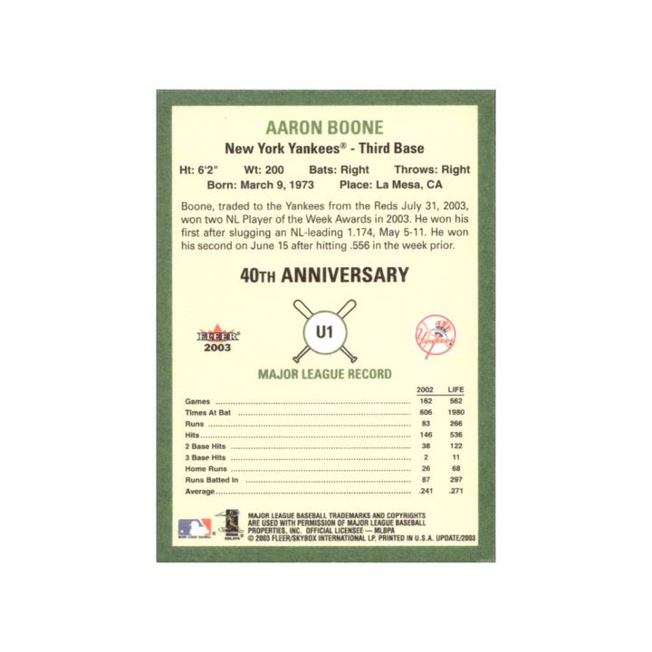 Aaron Boone New York Yankees Autographed Signed 2003 Fleer Tradition Card (CX Auth)