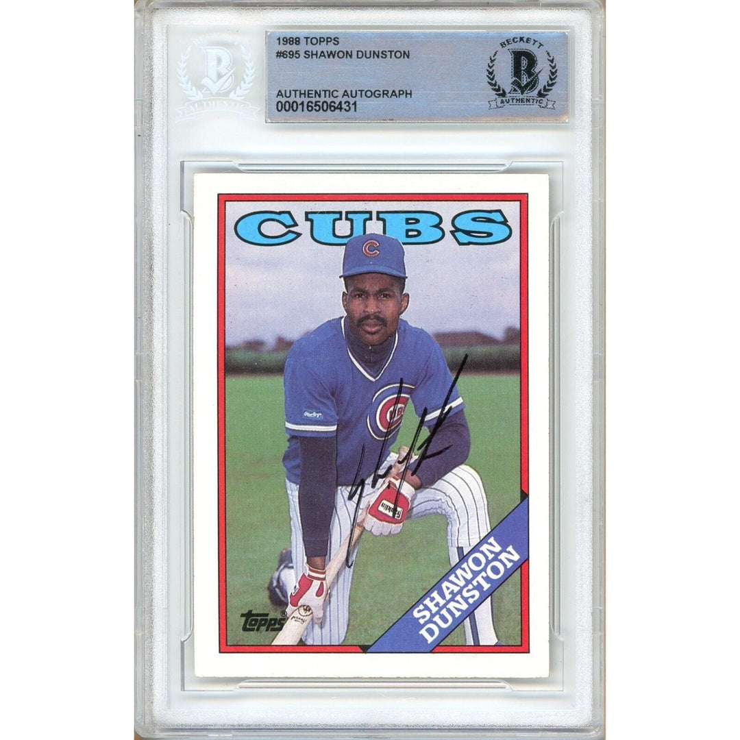 Baseballs- Autographed- Shawon Dunston Chicago Cubs Signed 1988 Topps Trading Card Beckett Authentic Auto Slab Front