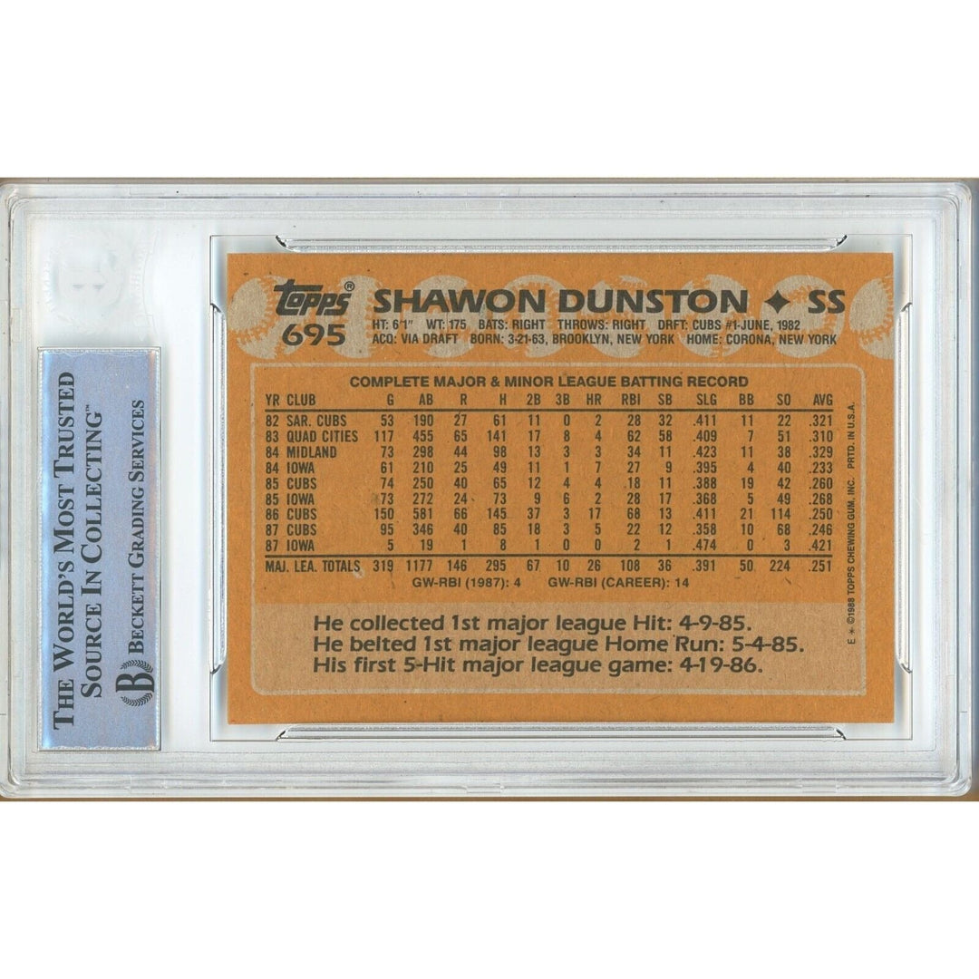 Baseballs- Autographed- Shawon Dunston Chicago Cubs Signed 1988 Topps Trading Card Beckett Authentic Auto Slab Back