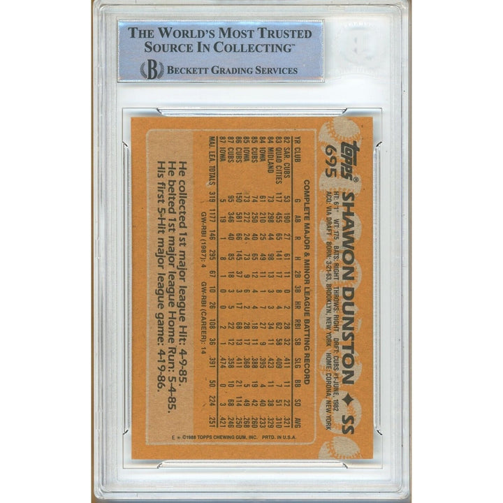 Baseballs- Autographed- Shawon Dunston Chicago Cubs Signed 1988 Topps Trading Card Beckett Authenticated Auto Slab Back
