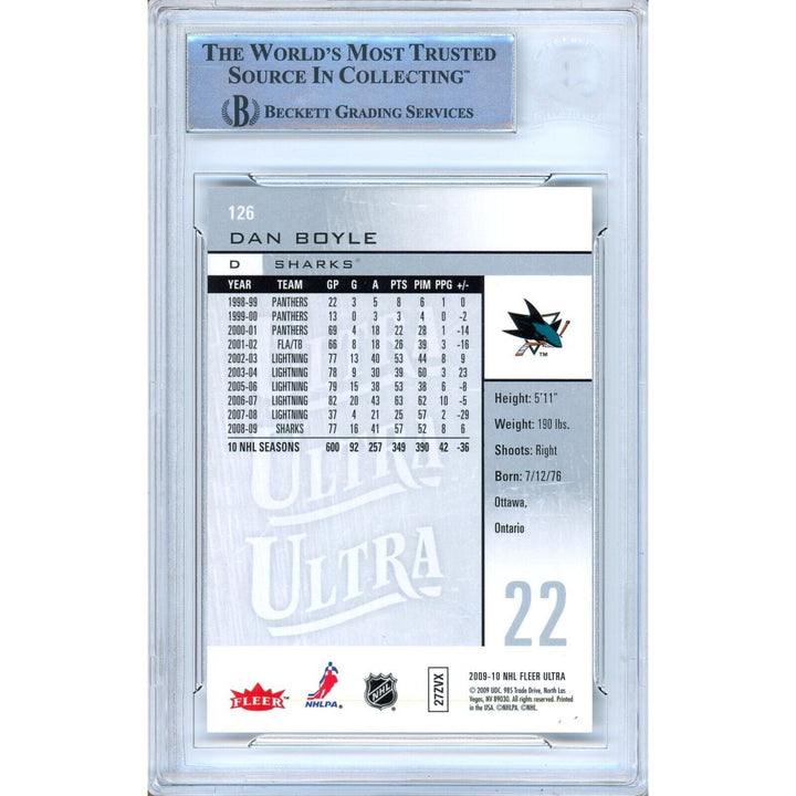 Dan Boyle San Jose Sharks Signed 2009-10 Fleer Ultra Hockey Card Beckett Auth Auto Slab